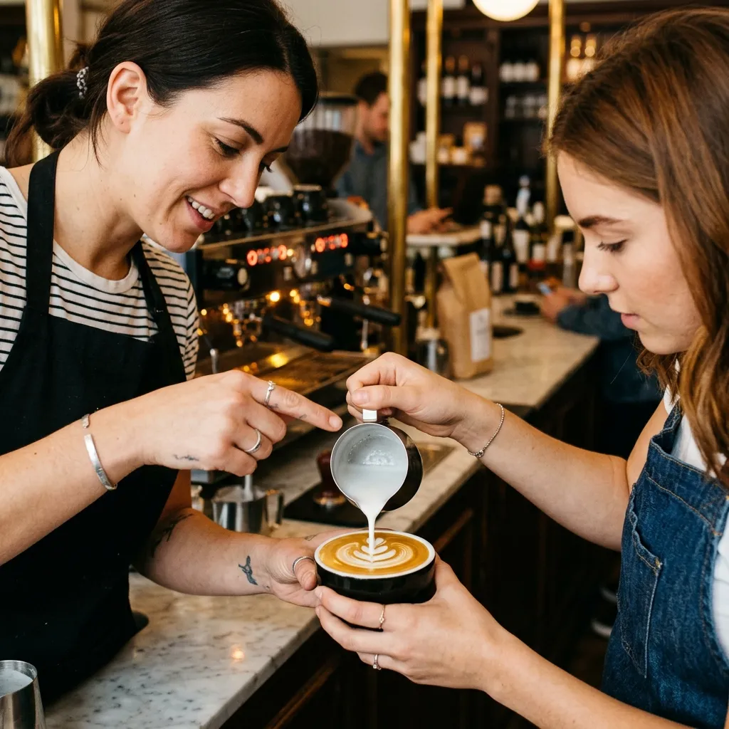 Barista training session pouring latte art